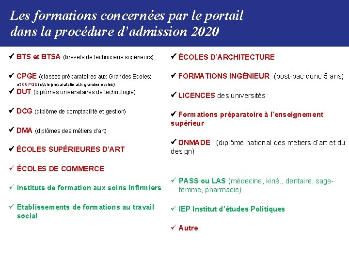 Les formations concernées par le portail dans la procédure d’admission 2020 BTS et BTSA