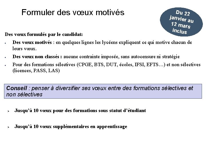 Formuler des vœux motivés Des vœux formulés par le candidat: Du 22 janvier au