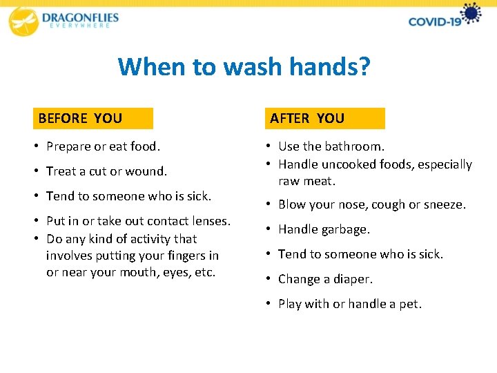 When to wash hands? BEFORE YOU AFTER YOU • Prepare or eat food. •