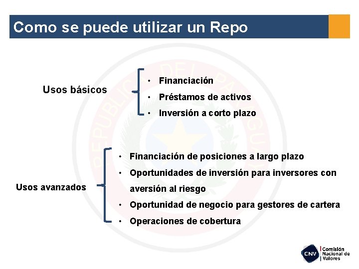 Como se puede utilizar un Repo Usos básicos • Financiación • Préstamos de activos