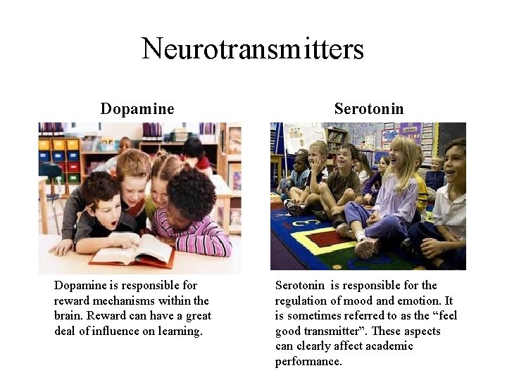 Neurotransmitters Dopamine is responsible for reward mechanisms within the brain. Reward can have a