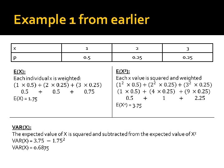 Example 1 from earlier x 1 2 3 p 0. 5 0. 25 