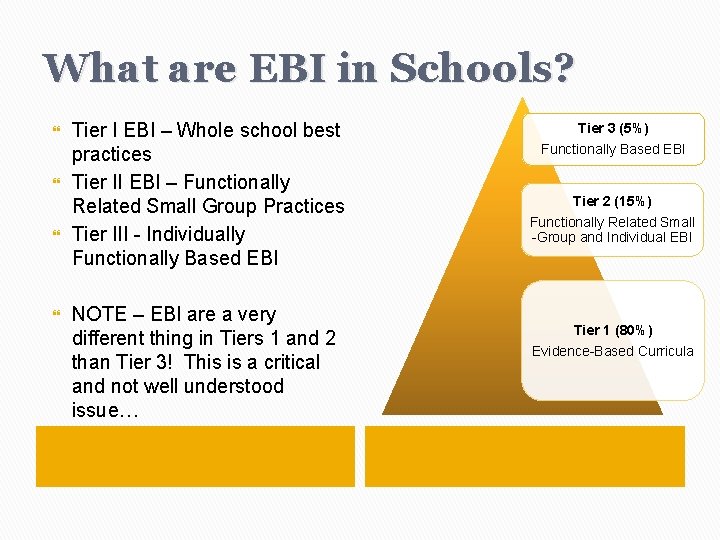 What are EBI in Schools? Tier I EBI – Whole school best practices Tier