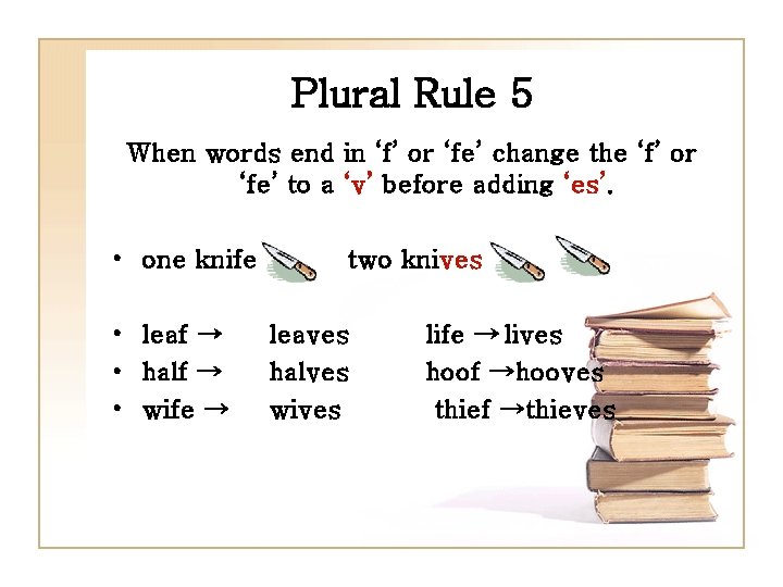 Plural Rule 5 When words end in ‘f’ or ‘fe’ change the ‘f’ or
