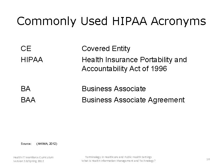 Commonly Used HIPAA Acronyms CE HIPAA Covered Entity Health Insurance Portability and Accountability Act