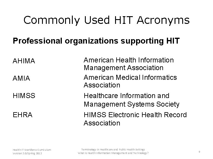 Commonly Used HIT Acronyms Professional organizations supporting HIT AHIMA AMIA HIMSS EHRA Health IT