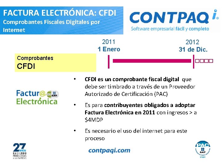 FACTURA ELECTRÓNICA: CFDI Comprobantes Fiscales Digitales por Internet 2011 1 Enero 2012 31 de