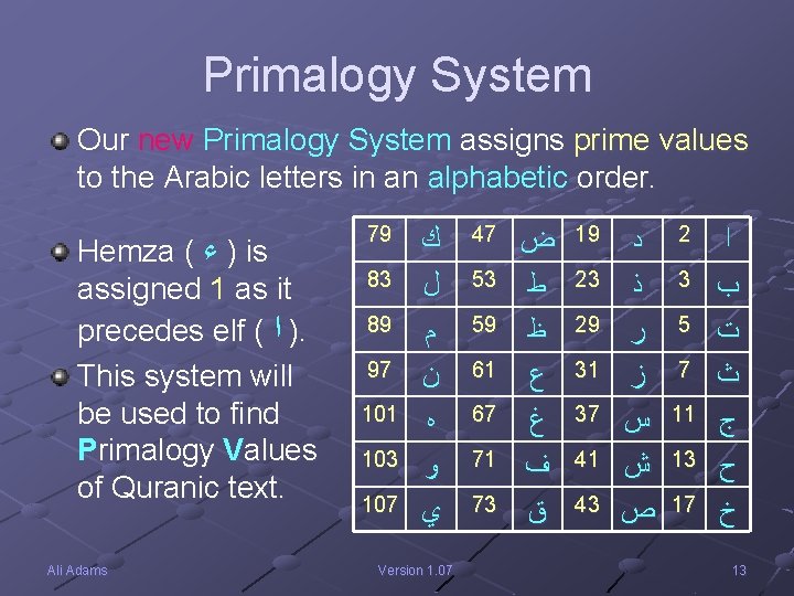 Primalogy System Our new Primalogy System assigns prime values to the Arabic letters in
