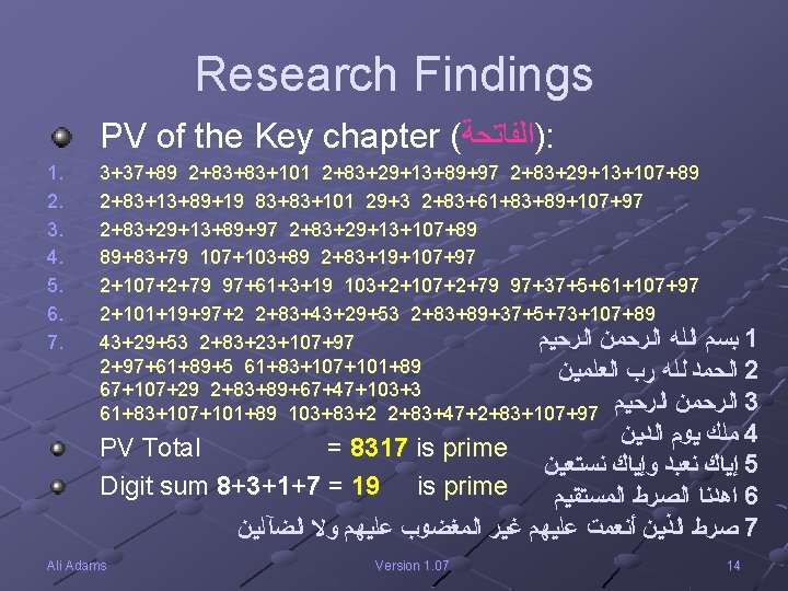  Research Findings ): ﺍﻟﻔﺎﺗﺤﺔ( PV of the Key chapter 3+37+89 2+83+83+101 2+83+29+13+89+97 2+83+29+13+107+89