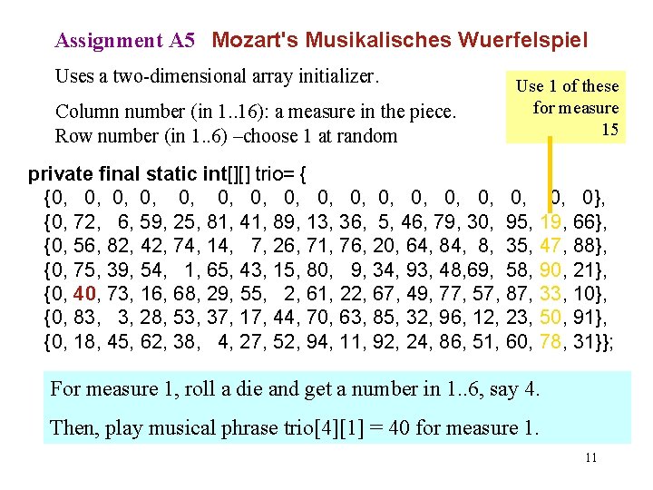 Assignment A 5 Mozart's Musikalisches Wuerfelspiel Uses a two-dimensional array initializer. Column number (in