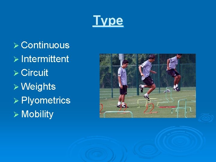 Type Ø Continuous Ø Intermittent Ø Circuit Ø Weights Ø Plyometrics Ø Mobility 