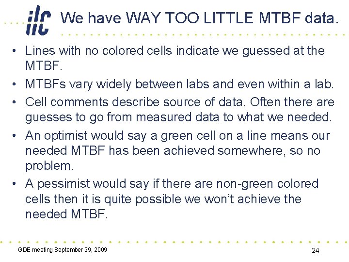 We have WAY TOO LITTLE MTBF data. • Lines with no colored cells indicate