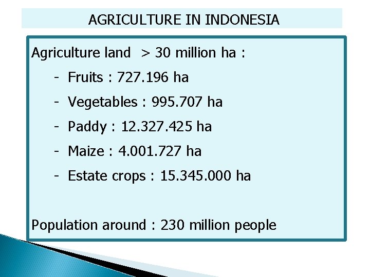 AGRICULTURE IN INDONESIA Agriculture land > 30 million ha : - Fruits : 727.