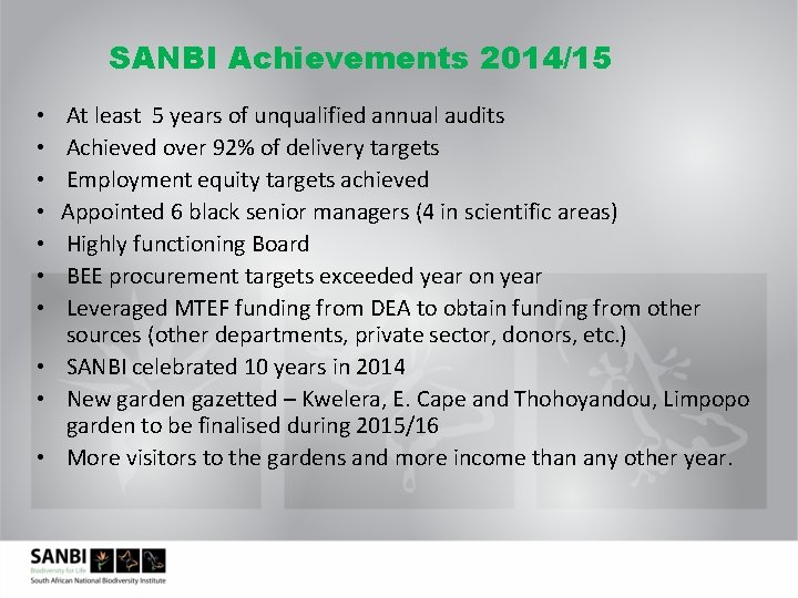 SANBI Achievements 2014/15 At least 5 years of unqualified annual audits Achieved over 92%