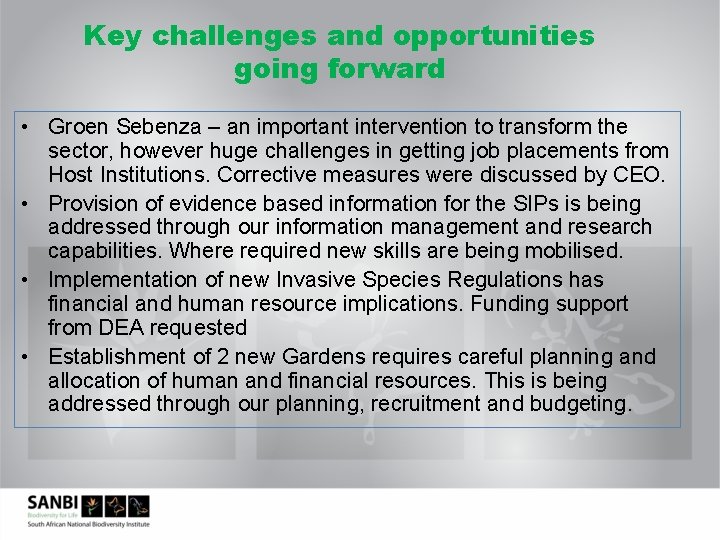 Key challenges and opportunities going forward • Groen Sebenza – an important intervention to