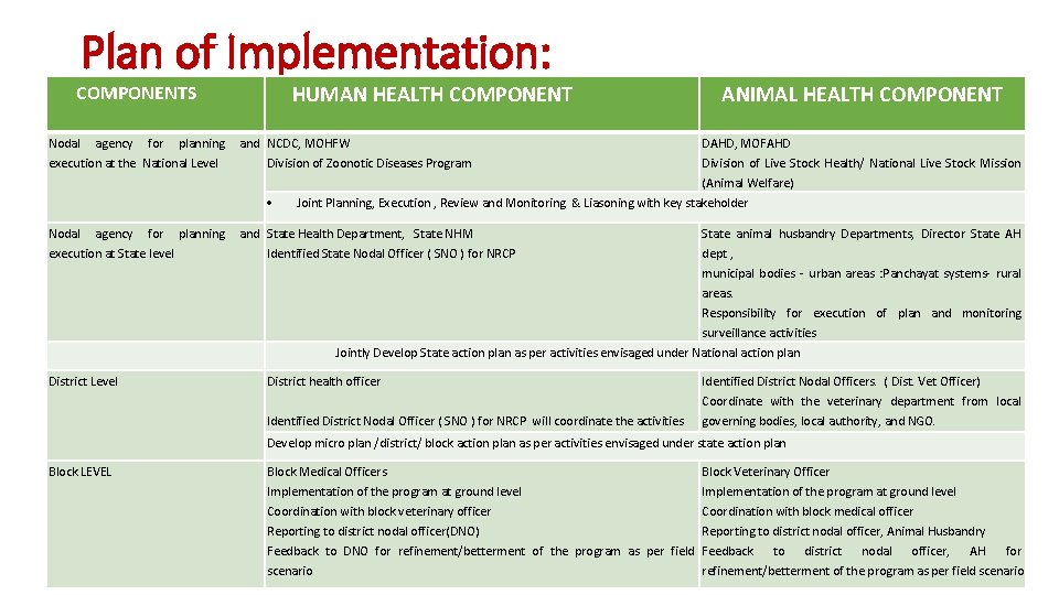 Plan of Implementation: COMPONENTS Nodal agency for planning execution at the National Level HUMAN