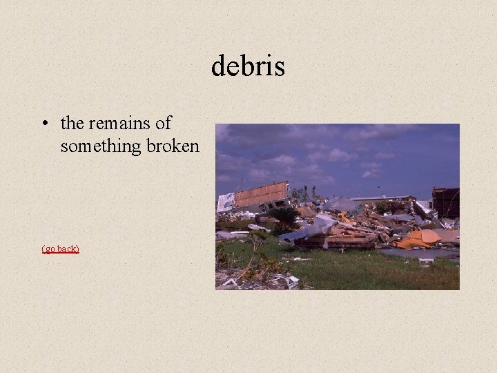 debris • the remains of something broken (go back) 