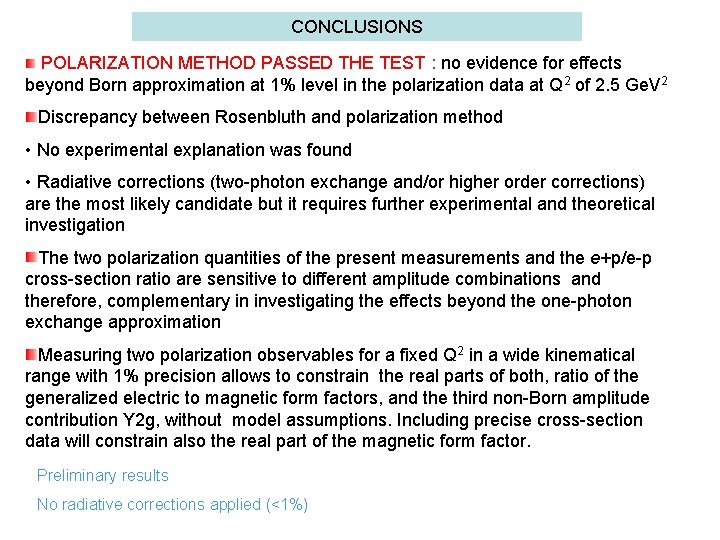 CONCLUSIONS POLARIZATION METHOD PASSED THE TEST : no evidence for effects beyond Born approximation
