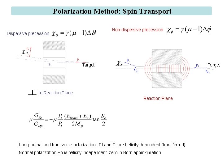 Polarization Method: Spin Transport Non-dispersive precession Dispersive precession Target to Reaction Plane Longitudinal and