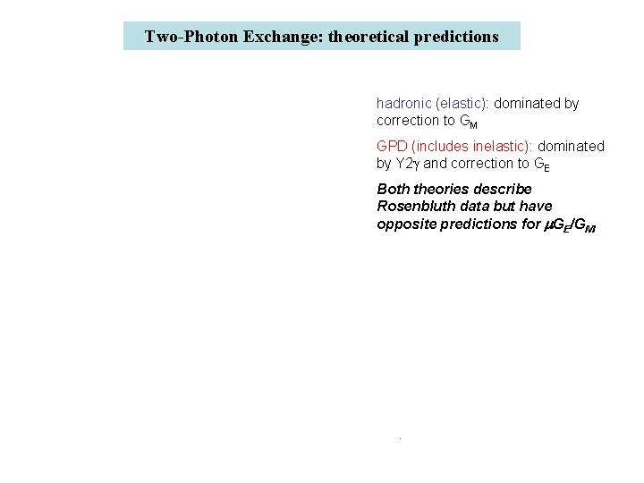 Two-Photon Exchange: theoretical predictions hadronic (elastic): dominated by correction to GM GPD (includes inelastic):