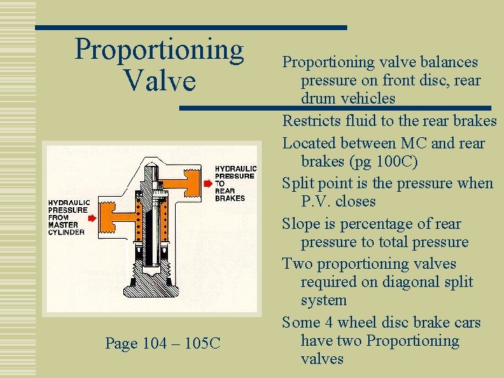 Proportioning Valve Page 104 – 105 C Proportioning valve balances pressure on front disc,