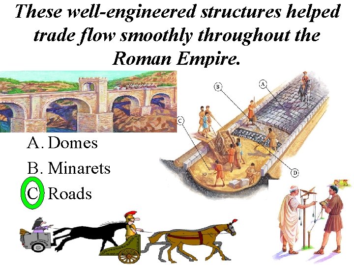 These well-engineered structures helped trade flow smoothly throughout the Roman Empire. A. Domes B.
