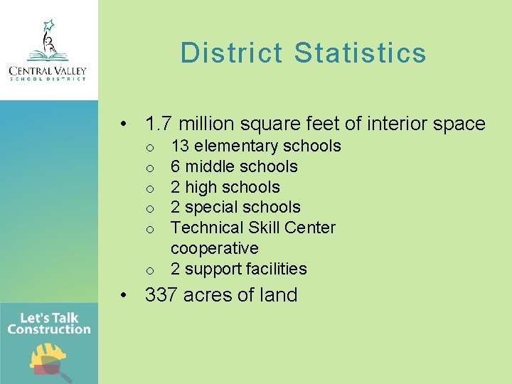 District Statistics • 1. 7 million square feet of interior space 13 elementary schools