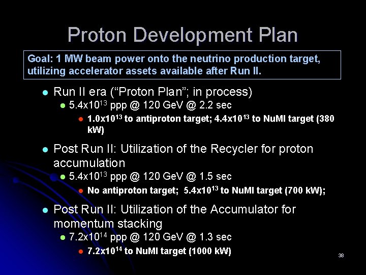 Proton Development Plan Goal: 1 MW beam power onto the neutrino production target, utilizing
