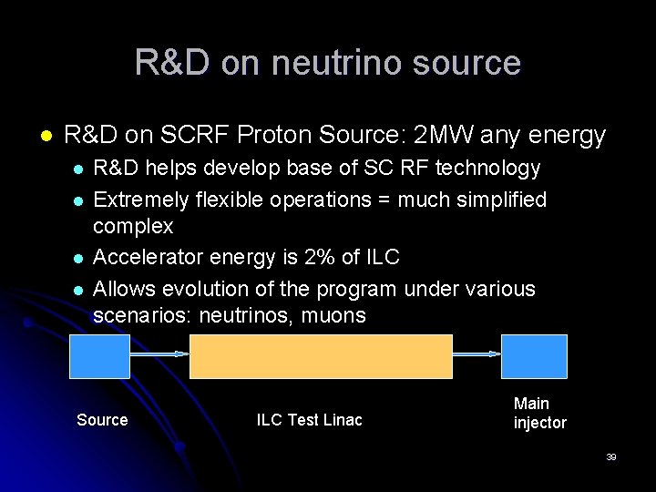 R&D on neutrino source l R&D on SCRF Proton Source: 2 MW any energy