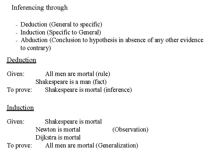 Inferencing through − − − Deduction (General to specific) Induction (Specific to General) Abduction
