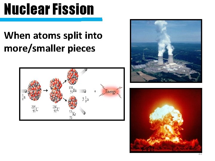 Nuclear Fission When atoms split into more/smaller pieces 11 