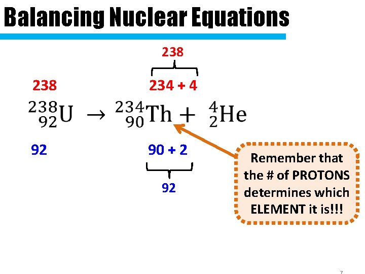 Balancing Nuclear Equations 238 234 + 4 92 90 + 2 92 Remember that