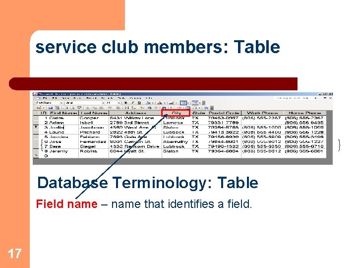 service club members: Table Database Terminology: Table Field name – name that identifies a