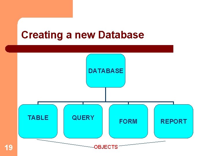 Creating a new Database DATABASE TABLE 19 QUERY OBJECTS FORM REPORT 