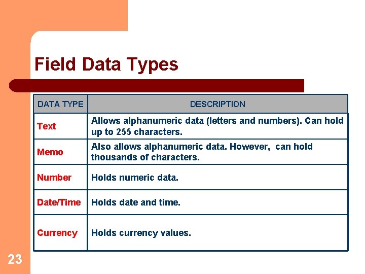 Field Data Types DATA TYPE 23 DESCRIPTION Text Allows alphanumeric data (letters and numbers).