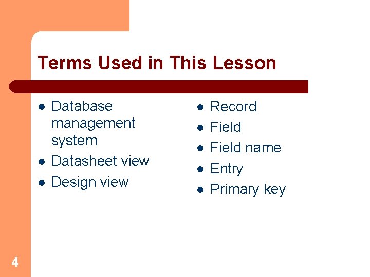 Terms Used in This Lesson l l l 4 Database management system Datasheet view