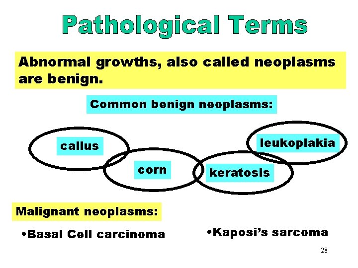 Abnormal Growths Abnormal growths, also called neoplasms are benign. Common benign neoplasms: leukoplakia callus