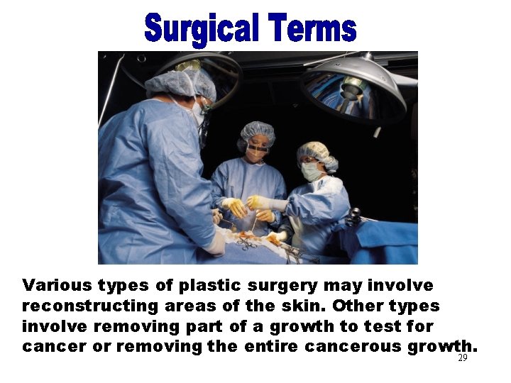 Surgical Terms Various types of plastic surgery may involve reconstructing areas of the skin.