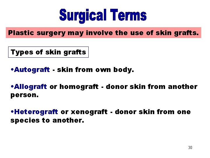 Skin Grafts Plastic surgery may involve the use of skin grafts. Types of skin