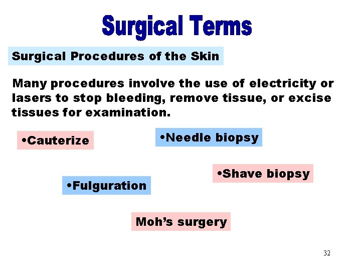 Surgical Procedures of the Skin Many procedures involve the use of electricity or lasers