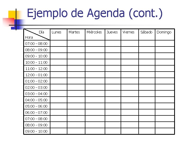 Ejemplo de Agenda (cont. ) Día Hora 07: 00 - 08: 00 - 09: