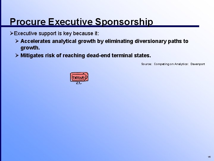 Procure Executive Sponsorship ØExecutive support is key because it: Ø Accelerates analytical growth by