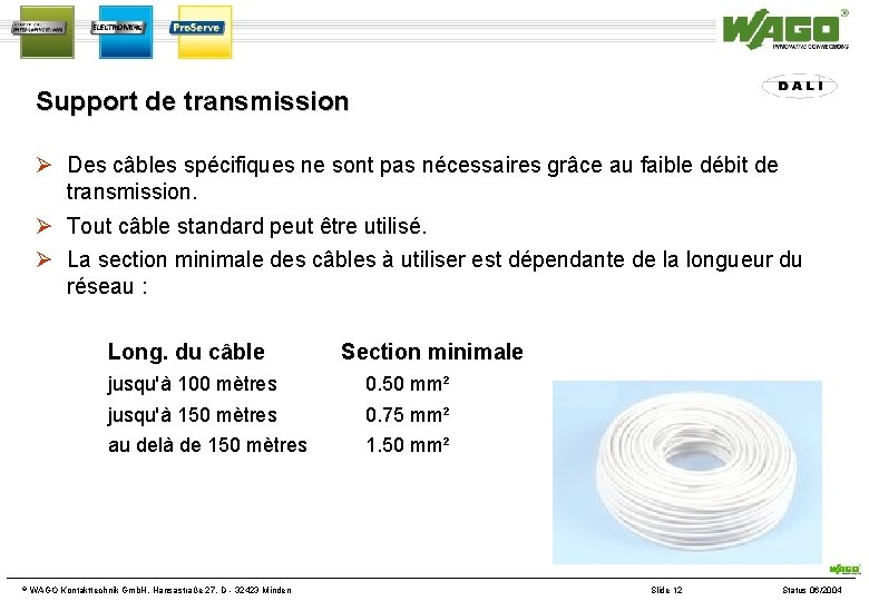 Support de transmission Des câbles spécifiques ne sont pas nécessaires grâce au faible débit