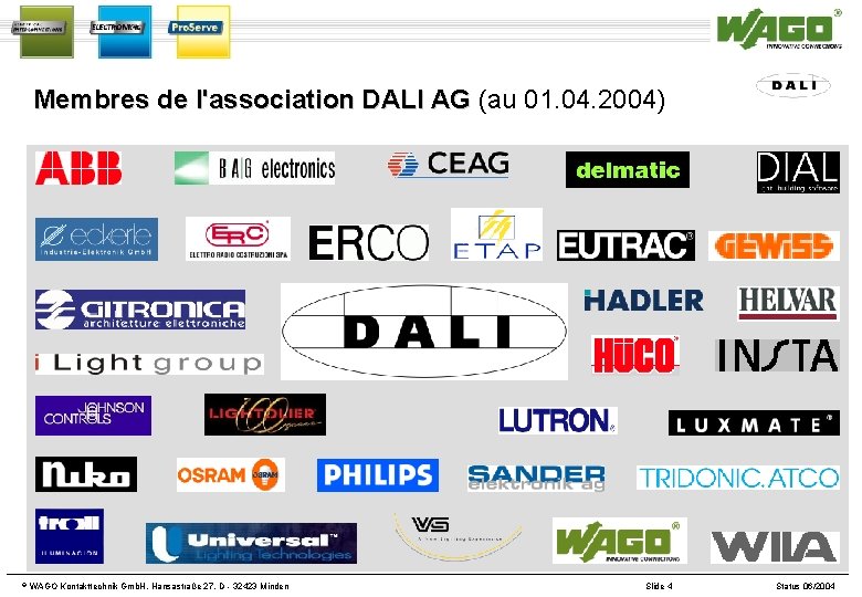 Membres de l'association DALI AG (au 01. 04. 2004) © WAGO Kontakttechnik Gmb. H,