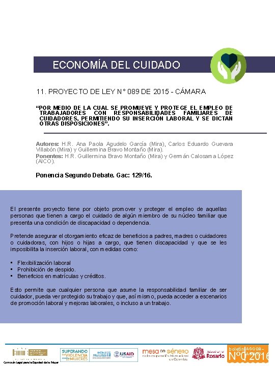 ECONOMÍA DEL CUIDADO 11. PROYECTO DE LEY N° 089 DE 2015 - CÁMARA “POR
