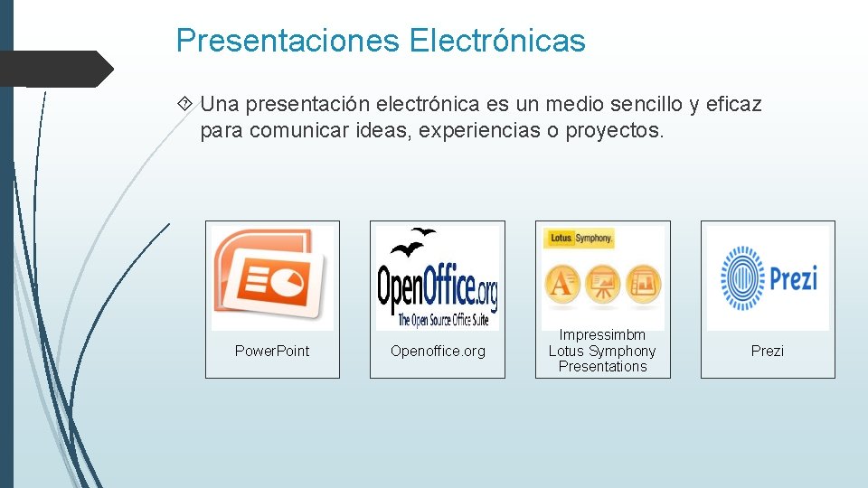 Presentaciones Electrónicas Una presentación electrónica es un medio sencillo y eficaz para comunicar ideas,