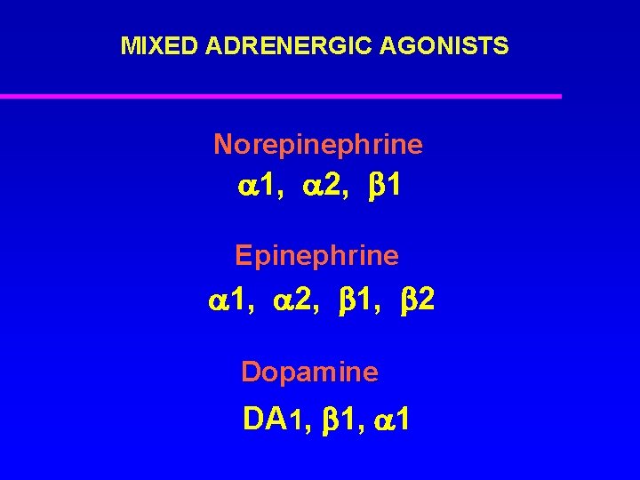 MIXED ADRENERGIC AGONISTS Norepinephrine 1, 2, 1 Epinephrine 1, 2, 1, 2 Dopamine DA