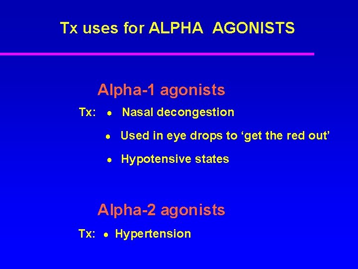 Tx uses for ALPHA AGONISTS Alpha-1 agonists Tx: ● Nasal decongestion ● Used in