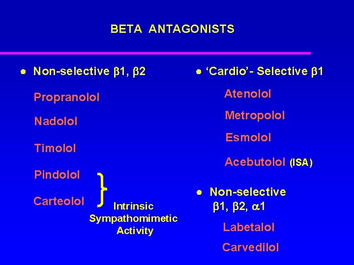 BETA ANTAGONISTS ● Non-selective 1, 2 ● ‘Cardio’- Selective 1 Propranolol Atenolol Nadolol Metropolol