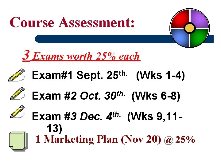 Course Assessment: 3 Exams worth 25% each Exam#1 Sept. 25 th. (Wks 1 -4)